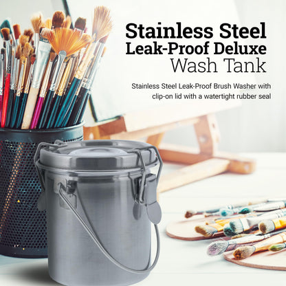 U.S. Art Supply Stainless Steel Leak-Proof Deluxe Paint Brush Washer with Wash Tank, Clip-On Lid, and Strainer Cup - Oil Paint Brush Cleaner for Artists