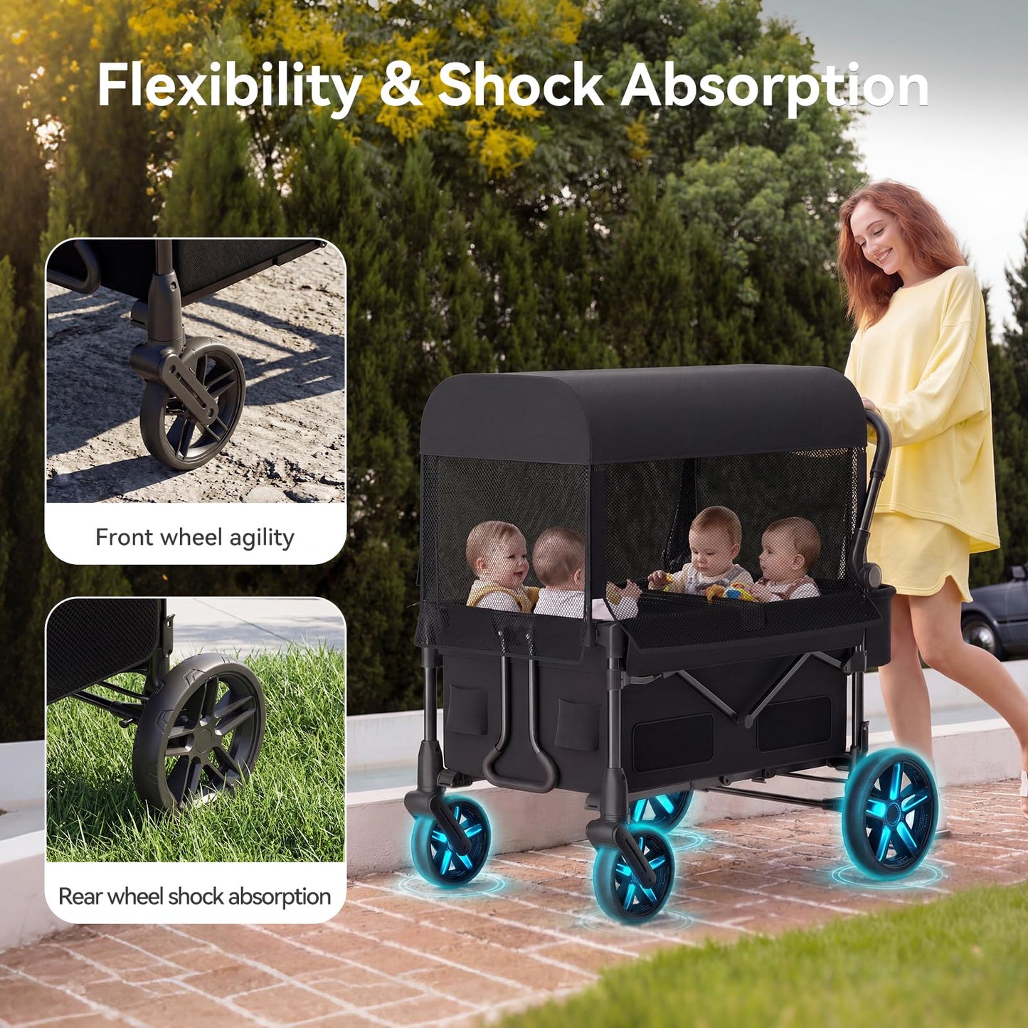 Fldofaves Wagon Stroller for Kids, 4-Seat Kid Wagon for Toddlers, Multi-Child Baby Wagon Stroller, Heavy-Duty Kids Wagon with Canopy, Large Foldable Toddler Stroller Wagon for Outdoor Travel