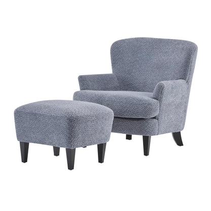 Merax Boucle Club Chair and Ottoman Set, Upholstered Accent Armchair with Ottoman, Modern Barrel Lounge Chair Set with Birch Wood Legs for Living Room Bedroom Office, Dusty Blue