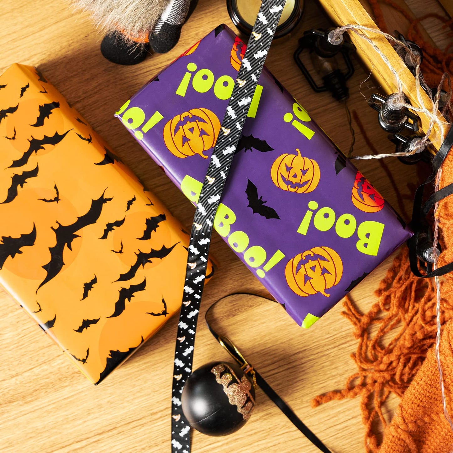 LeZakaa Halloween Wrapping Paper Roll - Mini Roll - Pumpkin with Boo Letters/Bat/Spider Web Print for Gift Wrap, DIY Craft - 17 x 120 inches - 3 Rolls (42.5 sq.ft.ttl.)