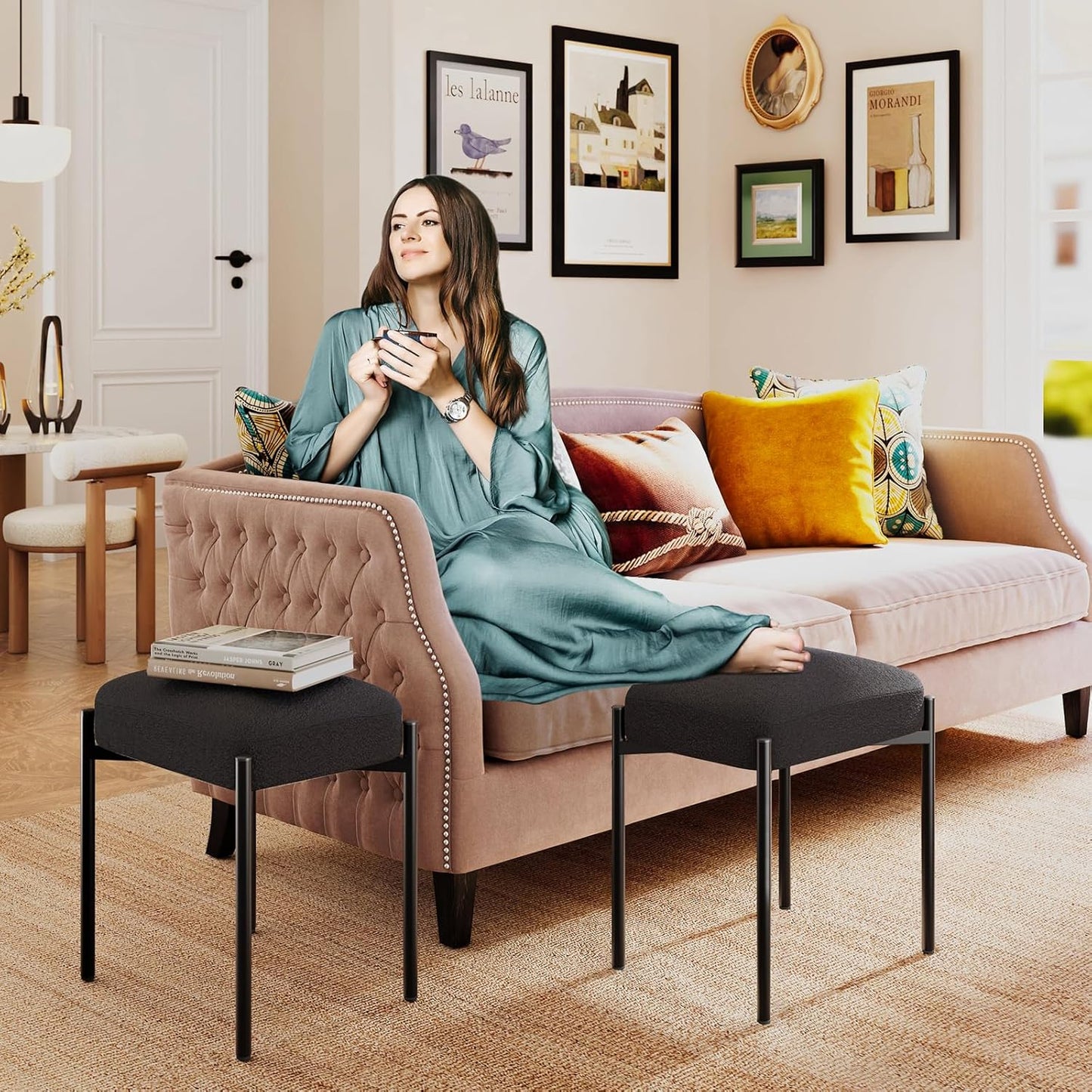 14.57" D11.42" W18.11" UHBD034B YMYNY Vanity Stool, Footrest, Square Ottoman Bench with Metal Legs, Makeup Dressing