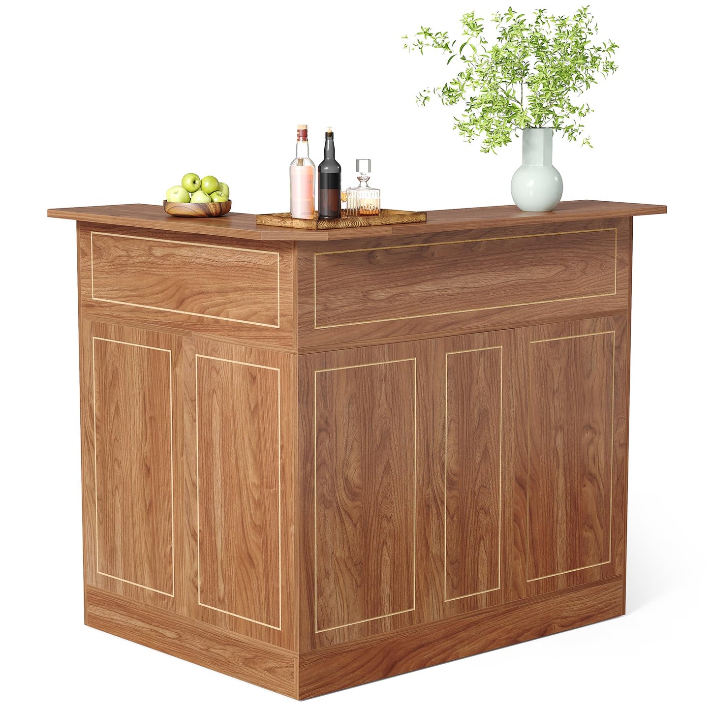 LITTLE TREE Bar Cabinet, 4-Tier Home Mini Bar Cabinet with Stemware Rack, Freestanding Wooden Storage Cabinets, Modern L-Shaped Liquor Table Cabinets for Living Room, Dining Room, Orange Brown