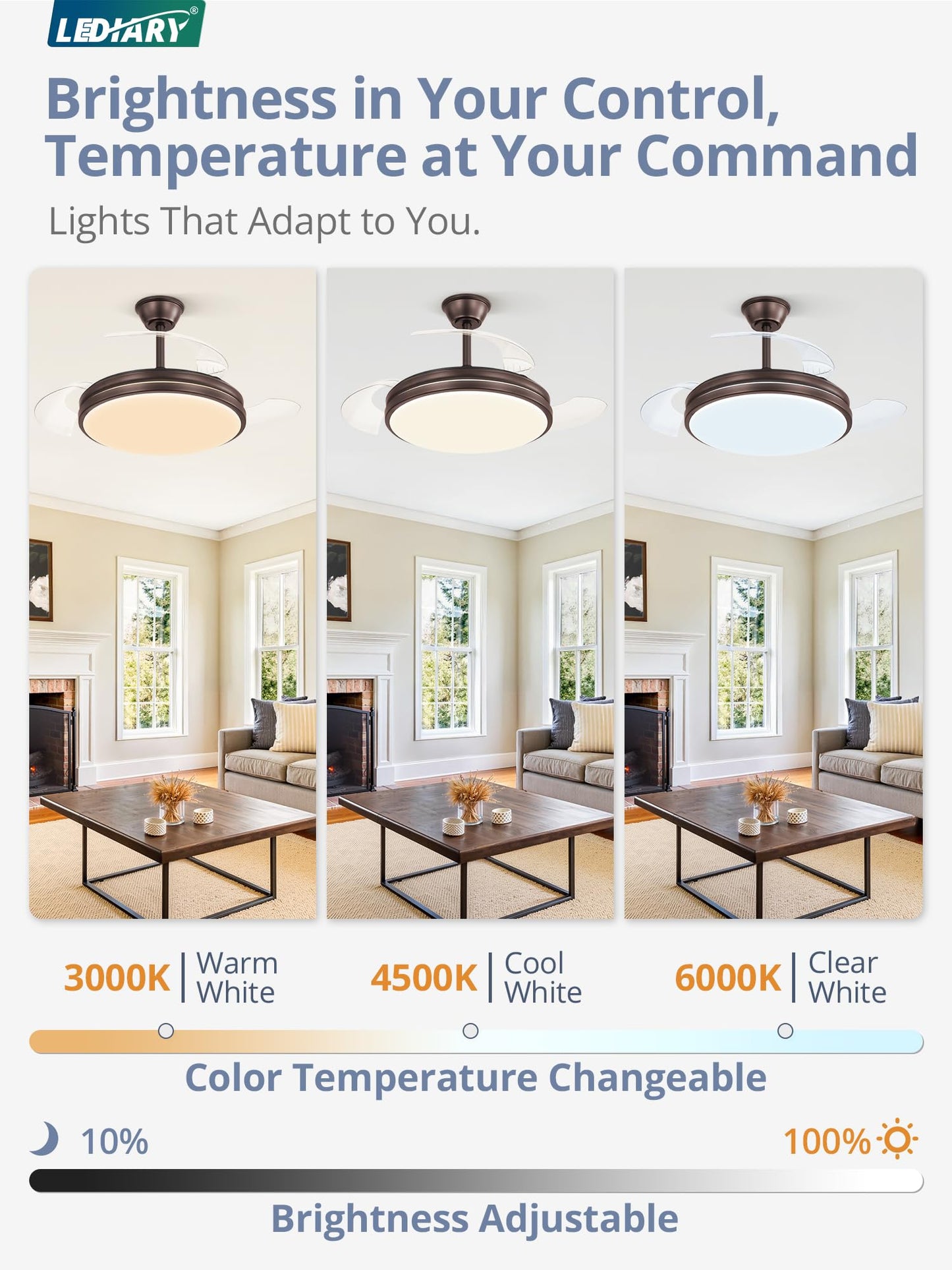 LEDIARY Retractable Ceiling Fan with Lights and Remote & APP Control, 42 Inch Fandelier Ceiling Fan with Light, 6 Speed Dimmable Reversible Memory, Modern Silent Smart Fan for Bedroom Living Room