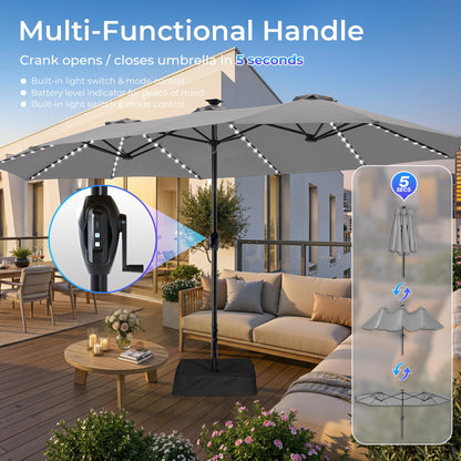 SUPERJARE 15ft Large Patio Umbrella with Base included, Double Sided Outdoor Umbrella with Solar Lights, Pool Umbrella with Fade Resistant Canopy for Deck, Porch, Yard, Balcony, Grey