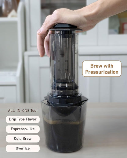 COFFEEOLOGY PRESS, Portable Coffee Maker with Chamber, Plunger, Reusable Filters, Mild and Bold Settings