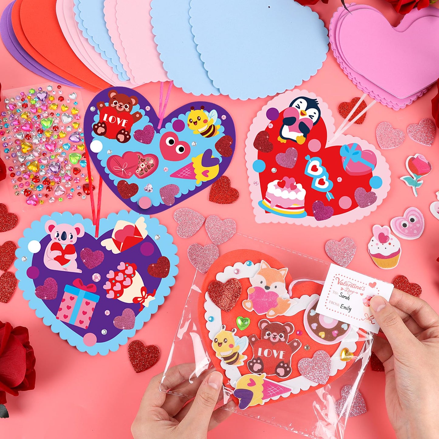 LOAVER 24 Sets Valentines Day Heart Ornaments Craft Kit,DIY Assorted Foam Heart with Shape Stickers Googly Eyes Rhinestones Bookmark for Valentines Day Presents Gift Exchange Craft Supplies