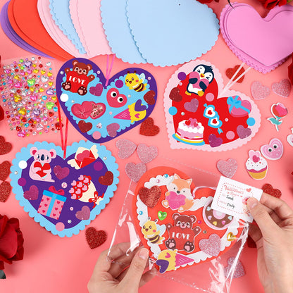 LOAVER 24 Sets Valentines Day Heart Ornaments Craft Kit,DIY Assorted Foam Heart with Shape Stickers Googly Eyes Rhinestones Bookmark for Valentines Day Presents Gift Exchange Craft Supplies