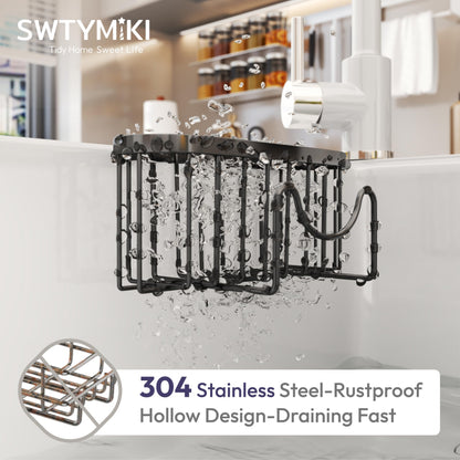 SWTYMIKI Sponge Holder for Kitchen Sink - Movable Kitchen Sink Caddy with M Shape Hook, Stainless Steel Hanging Sponges Caddy Organizer in Double Bowl Sinks Depth>3.15in, Middle Divider<1.5in, Black