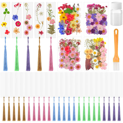 Eaasty 190 Pcs Pressed Flower Bookmark Making Kit, 24 Clear Acrylic Bookmarks with Tassels 140 Dried Floral with Adhesive Tools for Scrapbooking DIY Craft Gifts(Rustic)