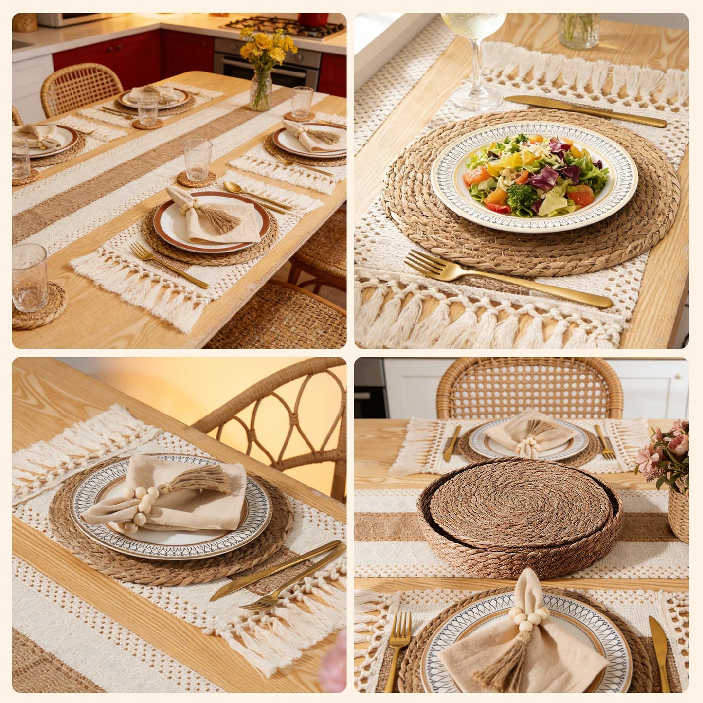 Swiscena 32 Pcs Boho Placemats Table Setting Set (6 Sets),Hand-Woven Natural Water Hyacinth Mats,Cloth Napkins,Napkin Rings,Linen Runner,Storage Basket&Coasters,Boho Kitchen Decor Dining Table Decor
