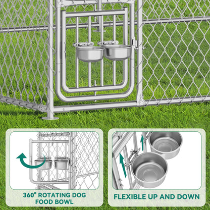 YITAHOME 14.8'x14.8' Large Outdoor Dog Kennel with Rotating Feeder Bowls, Outdoor Dog Enclosure with Roof, Heavy Duty Dog Cage for Large Dogs