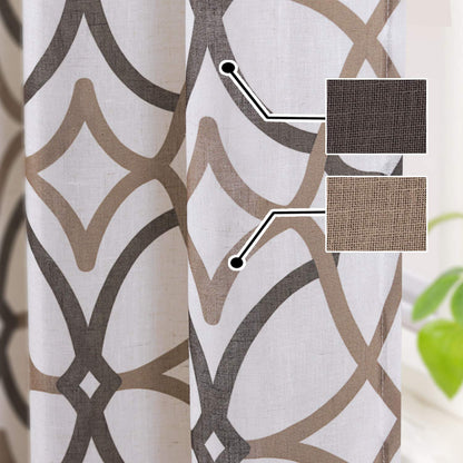 H.VERSAILTEX Linen Curtains 63 Inch Length 2 Panels Linen Sheer Curtains Textured Flax Window Draps for Living Room, Privacy Modern Printed Grommet Grapes Geometric Taupe/Brown