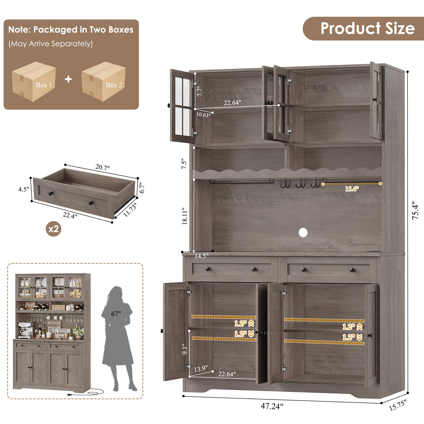 HOSTACK 75.4" Tall Kitchen Pantry Cabinet with Charging Station, Modern White Kitchen Hutch with Microwave Stand and Wine Rack, Large Food Pantry Storage Cabinet with Glass Doors and Drawers, Ash Gray