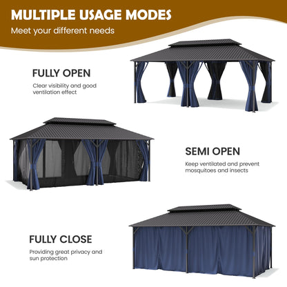 UDPATIO 12'x20' Hardtop Gazebo, Outdoor Metal Gazebo with Galvanized Steel Double Roof, Permanent Pavilion with Netting and Curtains for Lawn, Garden, Patio, Navy Blue