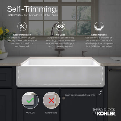 KOHLER Whitehaven® 35-3/4" Farmhouse Undermount Kitchen Sink, Single-Bowl Kitchen Sinks, Self-Trimming Tall Apron Front, K-6489-0, White