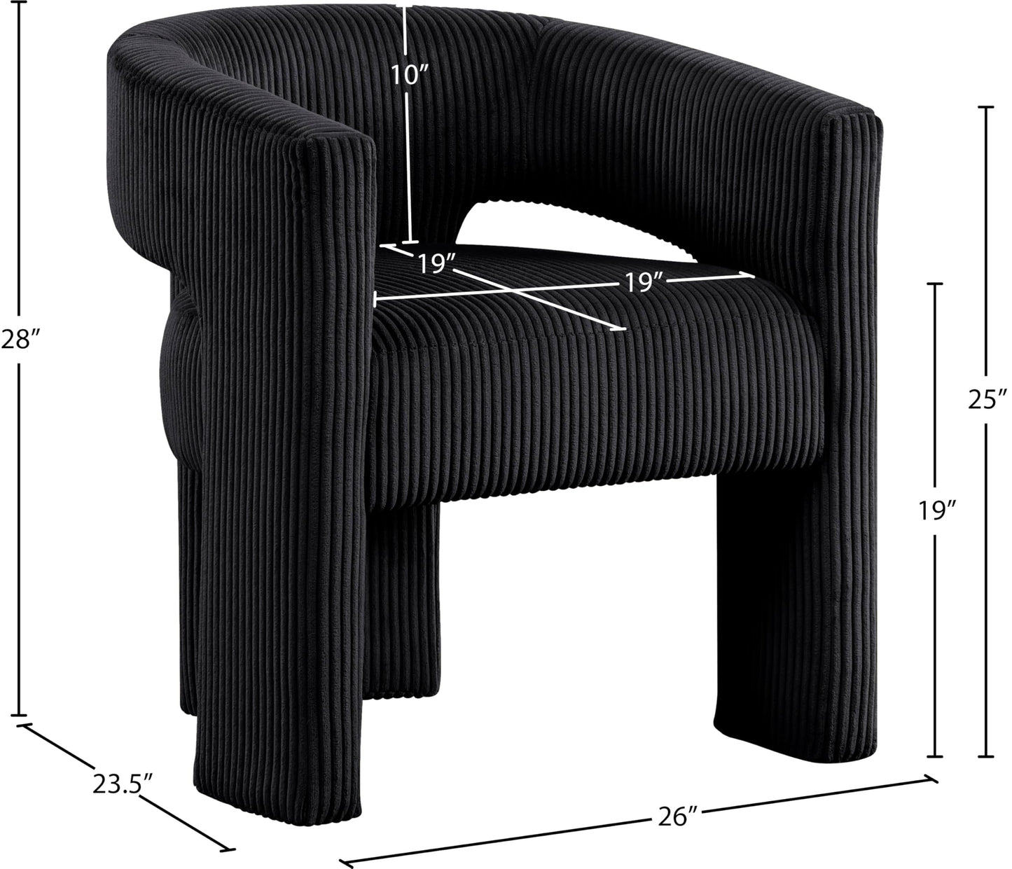 Meridian Furniture 11055Black-C Riz Collection Modern | Contemporary Accent/Dining Chair with Soft Black Microsuede Corduroy Fabric, Solid Wood Inner Frame, 26" W x 23.5" D x 28" H, Black