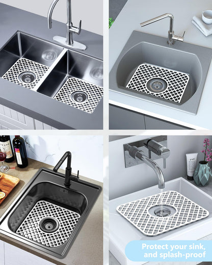 BEHOK 2 Pack Silicone Sink Protector for Kitchen Sink, Trellis Pattern 12 x 11" Sink Grid Mat Silicone Protectors, Center Drain, White