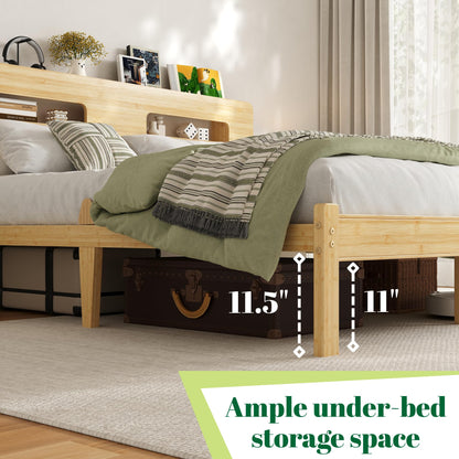 Askeld Wood Full Bed Frame with Storage Shelf Headboard, 14 Inch High Bamboo Platform Bed No Box Spring Needed, Mid-Century Heavy Duty Bedframe, Easy Assembly, Noise Free