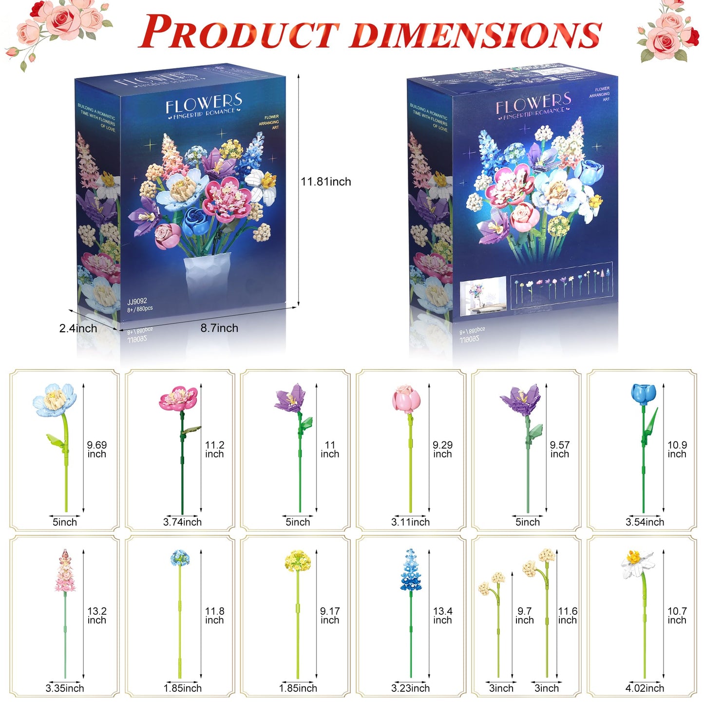 Abbabby Flower Building Set for Adults.880-Piece Artificial Bouquet Set Compatible with Lego.DIY Floral Building Toy for Ages 8+.Romantic Flower Bricks Kit for Lover.Baby.Mother.Home Decor & Gift