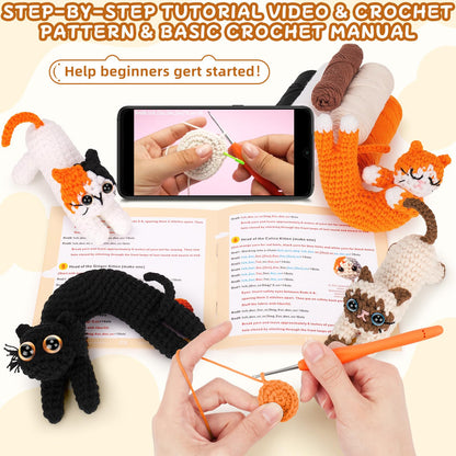 Crochet Kit for Beginners - 4 PCs Cat Crochet Kits with Step-by-Step Video Tutorials, Beginner Crochet Kit for Adults Kids, Learn to Crochet Animal Kit, Creative Crochet Gift for Cat Lovers