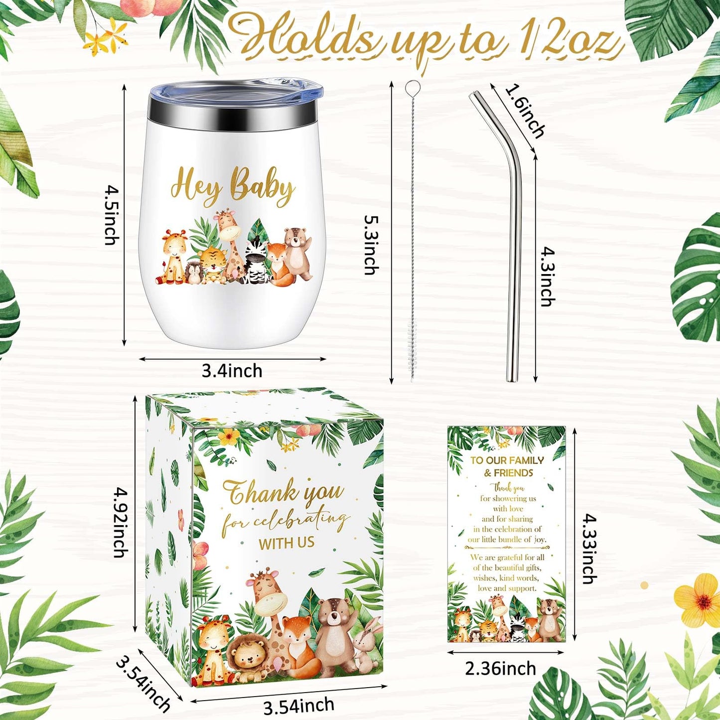 Hoolerry 6 Set Baby Shower Game Prizes for Guests Winners 12 oz Insulated Stainless Steel Tumbler Cup with Lids, Straws, Cleaning Brush, Cards & Boxes Return Gifts(Green,Safari Animals)