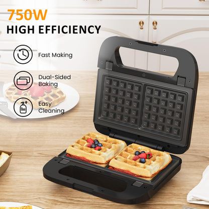 Sunvivi Sandwich Maker Panini Press: Waffle Maker with Removable Plates, 3 in 1 Sandwich Maker Press with Non-Stick Plates, Indicator Lights & Cool Touch Handle, 750W, Black