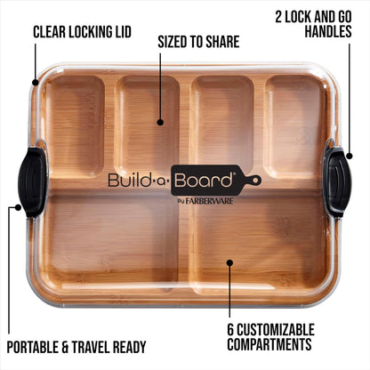 Farberware Build-A-Board Bamboo Cutting Board with Built-In Compartments & Clear Locking Lid, Black Handles – Charcuterie, Snack Tray, Food Prep and Serving Platter