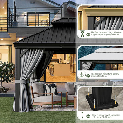 Aoxun 12' X 16' Hardtop Gazebo with Drainage System, Aluminum Outdoor Gazebo with Galvanized Steel Double Roof, Patio Permanent Metal Pavilion with Netting, for Garden, Deckyard, Grey