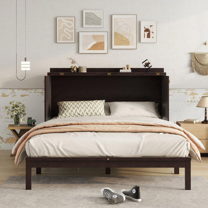 KEIKI Queen Murphy Bed w/Rattan Doors & Drawers, Space-Saving Foldable Wall Bed w/USB, Foldable Hidden Bed, Farmhouse Boho Style Guest & Living Room Bed, Espresso