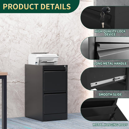 FOSTOKO 2 Drawer File Cabinet with Lock, Steel Vertical Filing Storage Cabinet for Home Office, Heavy-Duty File Cabinets for Letters/Legal/A4 (Require Assembly, Black)