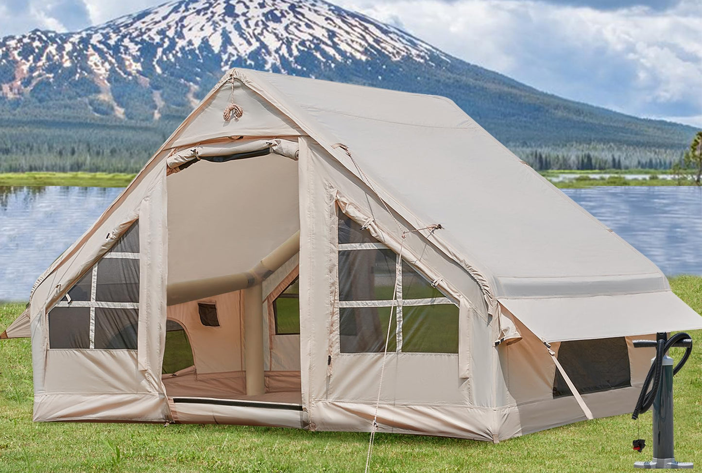 Inflatable Tent with Pump, 4-6 Person Glamping Camping Tents House, Easy Setup Blow Up Family Tents for 4 Seasons Waterproof Inflatable Tent for Camping Wind Resistant Air Tents House for Adult