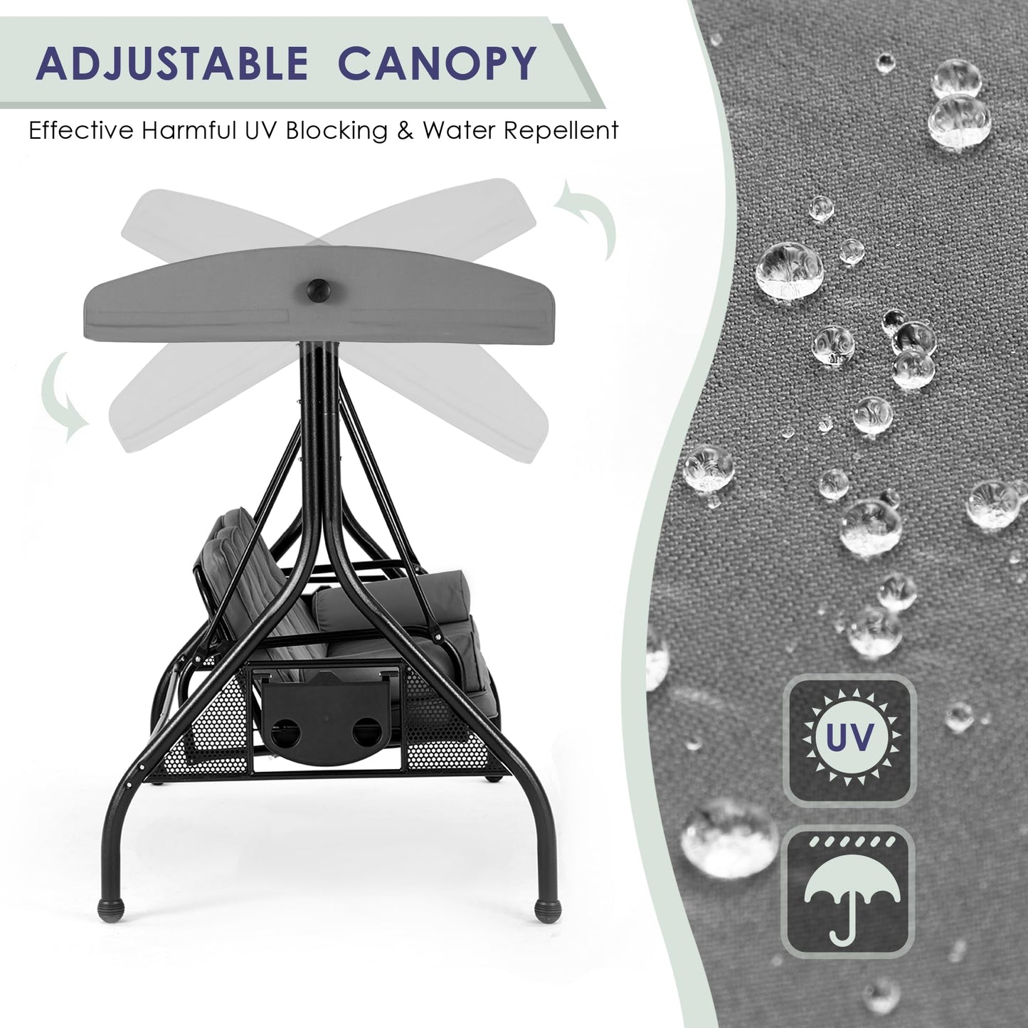 HOMREST 3 Seat Outdoor Porch Swing with 1.5" Deep Cup Holder, Adjustable Canopy,Patio Swing Bed with Stand, Patio Glider Swing with Thicken Cushions, Pillow(Grey)