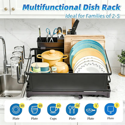 Simple Trending Dish Drying Rack, Dish Drainer for Kitchen Counter, Dish Rack with Tray for Large Capacity, Black