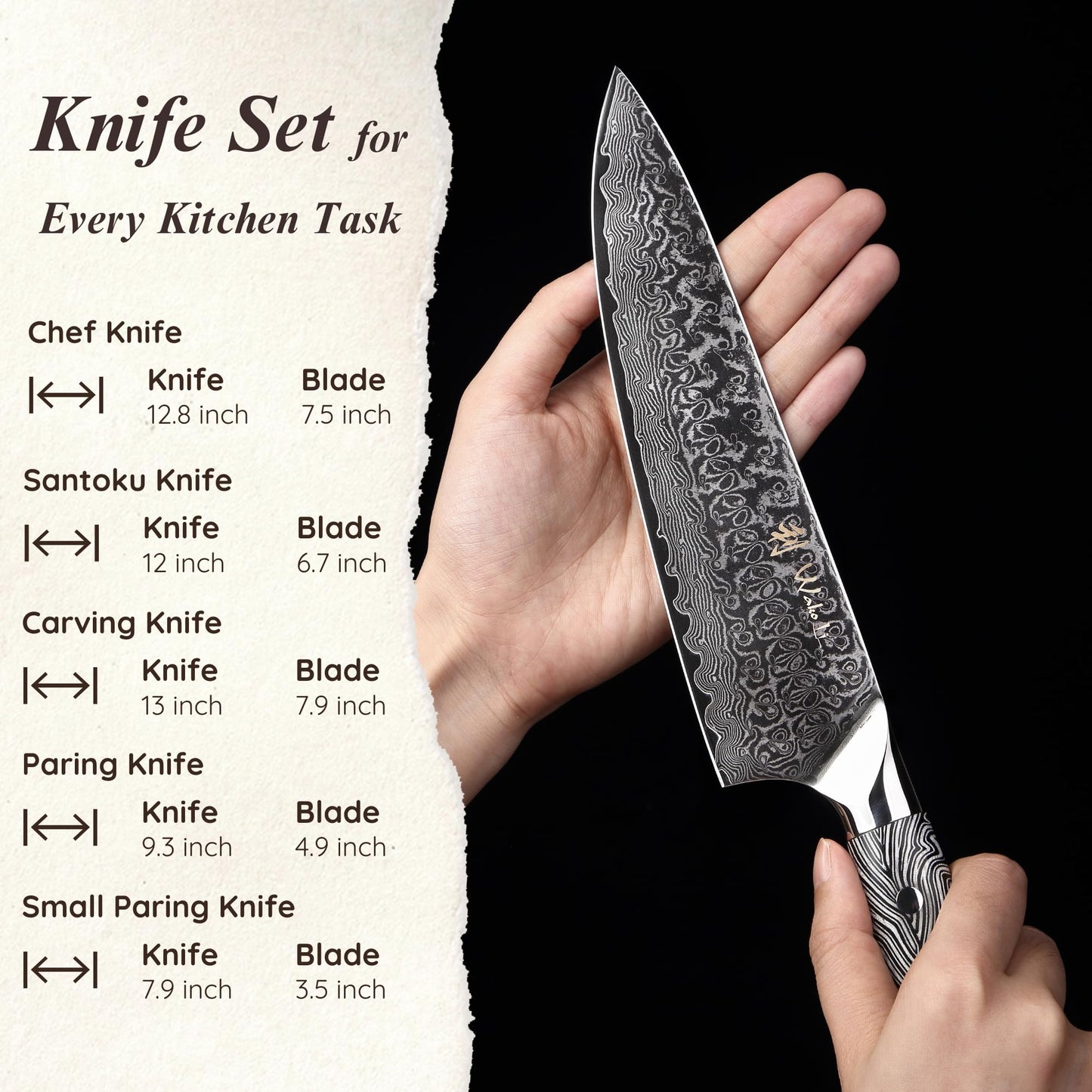 Wakoli Noir Blanc Damascus Knife Block Set – 5-Piece Professional Chef Knife Collection with Magnetic Block – Kitchen Knives made of 67-Layer Damascus Steel Blades & Ergonomic G10 Handles in Gift Box