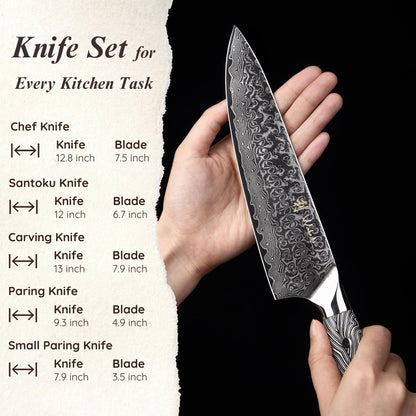 Wakoli Noir Blanc Damascus Knife Block Set – 5-Piece Professional Chef Knife Collection with Magnetic Block – Kitchen Knives made of 67-Layer Damascus Steel Blades & Ergonomic G10 Handles in Gift Box
