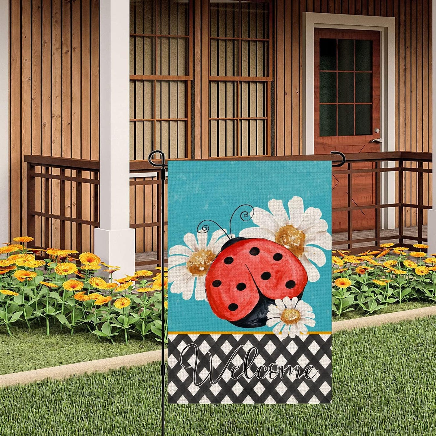 Welcome Ladybug Daisy Flowers Garden Flag - Vertical Double-Sided 12.5x18 Inch Watercolor Painting for Spring