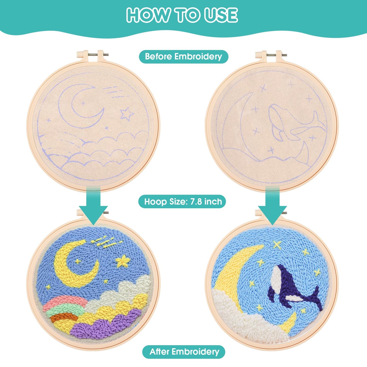 Zuaooz 3 Sets Punch Needle Kits,Whale Rainbow River Punch Embroidery Kits for Adults Beginner, Tool with Punch Needle Fabric, Hoops, Yarns and Sewing Needles