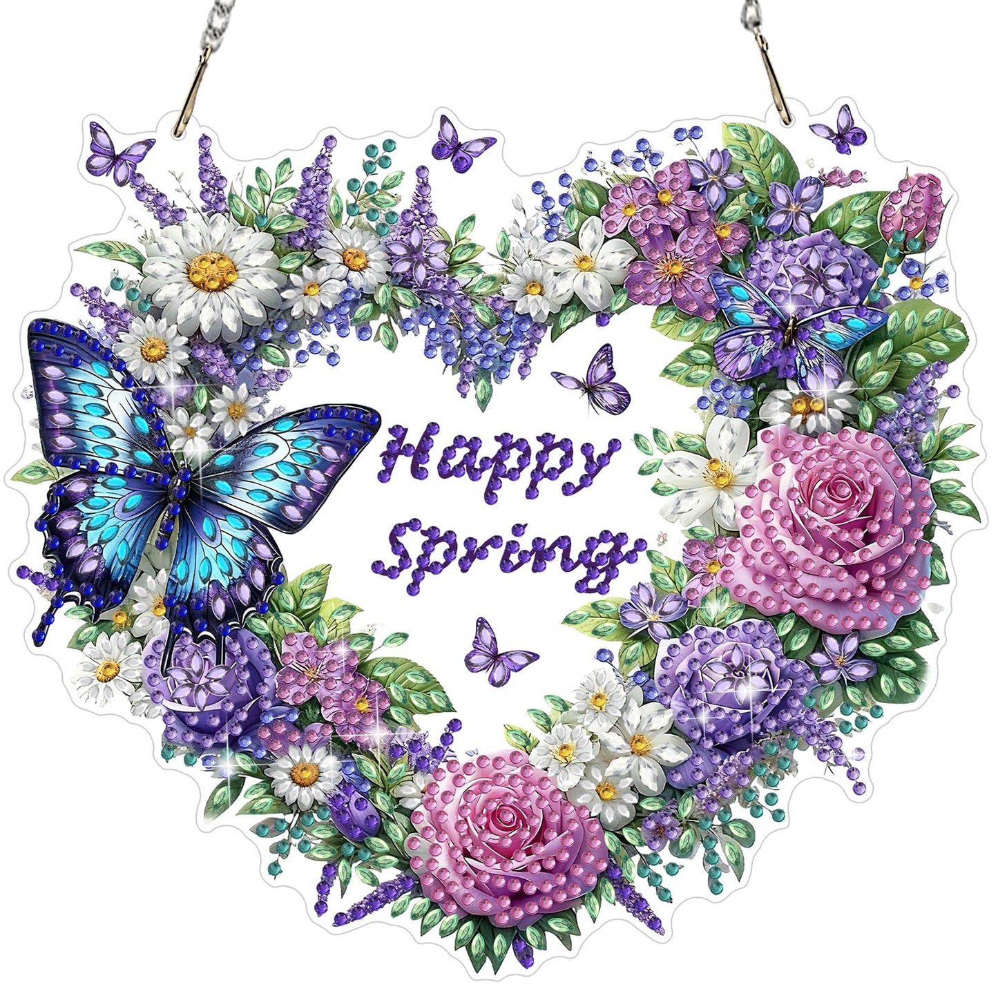 MEIYUDA Flower Wreath Diamond Art Hanging Kits for Adult, Happy Spring Diamond Painting Hanging Kits Ornaments, DIY Special Shaped Rhinestone Window Pendants Kit for Home Garden Wall Decor