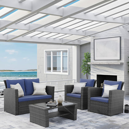 Wisteria Lane Patio Furniture Set, Wicker Outside Outdoor Furniture for All Weather, Patio Sofa with High Backrest Support and Wide Armrest for Backyard, Balcony, Deck, Porch, Blue