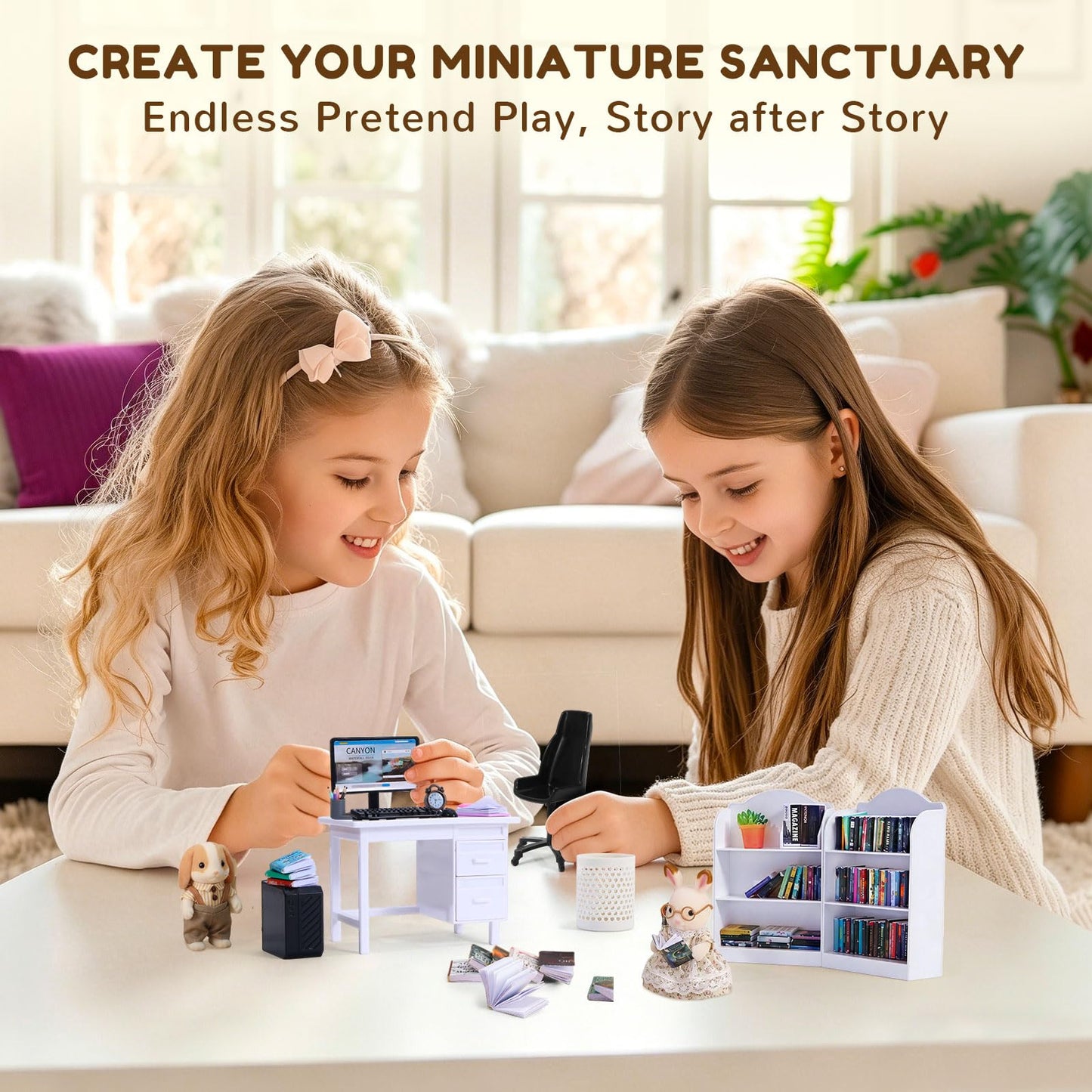 1:12 Scale Mini Desk Set with 100 Mini Books & 2 Bookshelves — Miniature Dollhouse Furniture Set with Office Chair, Computer & 15+ Accessories — Mini Desk Accessories for Doll House Diorama