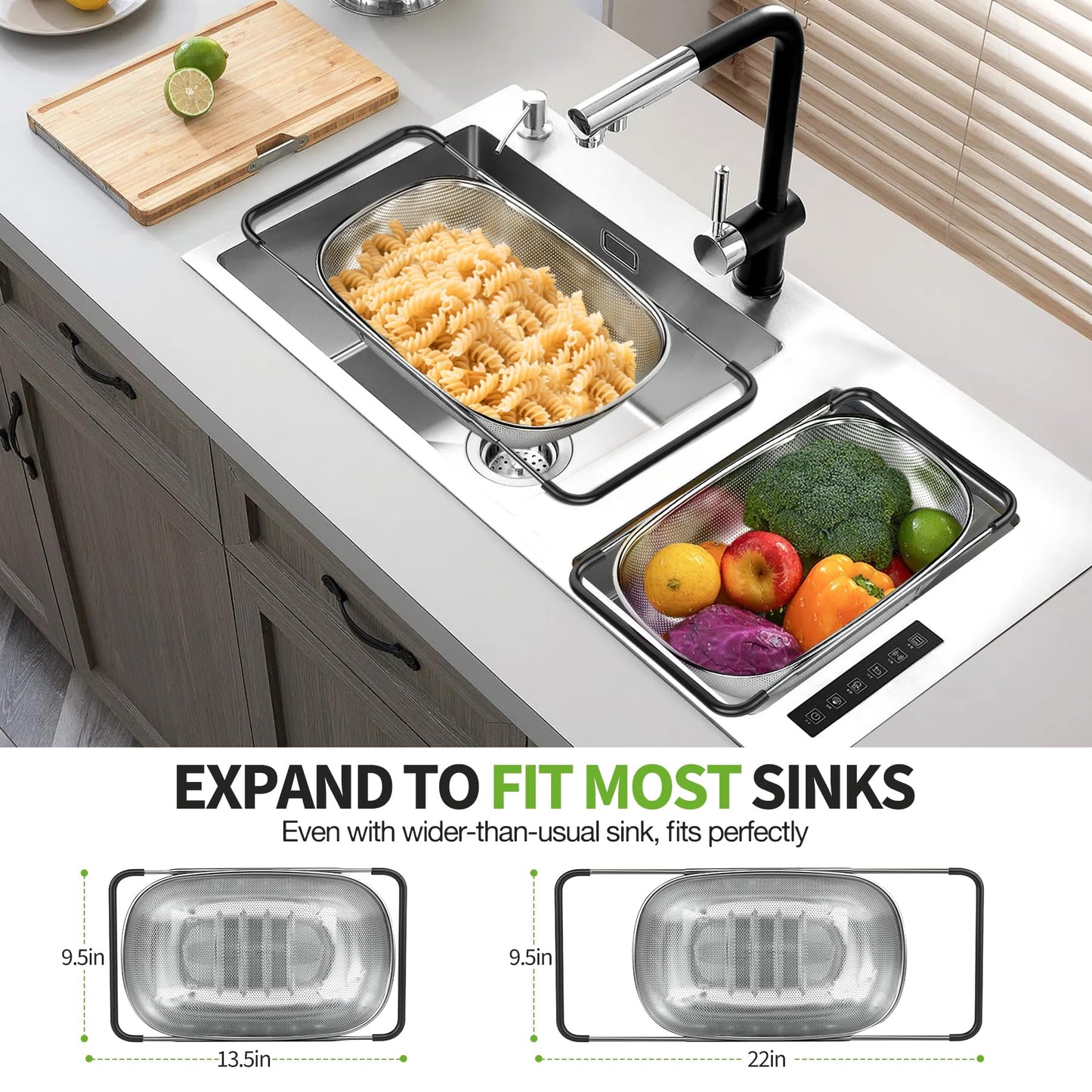 FirstE Over the Sink Colander Strainer Basket 6 Quart, Fine Mesh Stainless Steel Colander with Expandable Anti-slip Rubber Grip Handles, Kitchen Sink Vegetable Strainer for Drain Pasta, Rinse Fruits