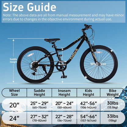 vollsch 24 Inch Kids Mountain Bike for 9-15 Years Old Boys Girls Teens 6-Speed Child MTB Bicycle with Front Suspension Fork, Black