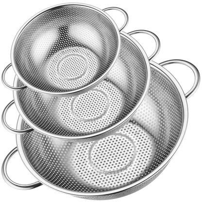 Leonyo Stainless Steel Colander for Kitchen, Micro-Perforated Metal Strainer with Handles for Draining Pasta, Strainers and Colanders Set of 3(1-3-5Quart) for Rinsing, Steaming, Dishwasher Safe