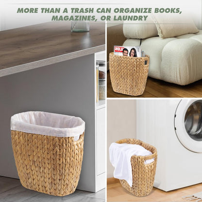 BLUEWEST 3.5 Gallons Wicker Trash Can, Wicker Rattan Bathroom Trash Can with Built-in Handle, Large Handwoven Hyacinth Waste Bin for Office, Bedroom, Living Room, and Kitchen