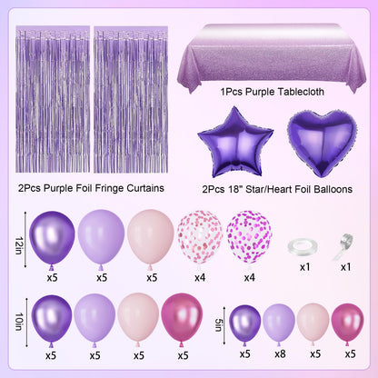 Amandir Purple Birthday Decorations for Women, Pastel Pink and Purple Balloons Foil Table Cloth Sash Crown Fringe Curtains Happy Birthday Banner Circle Garland Butterfly Cake Topper Party Supplies