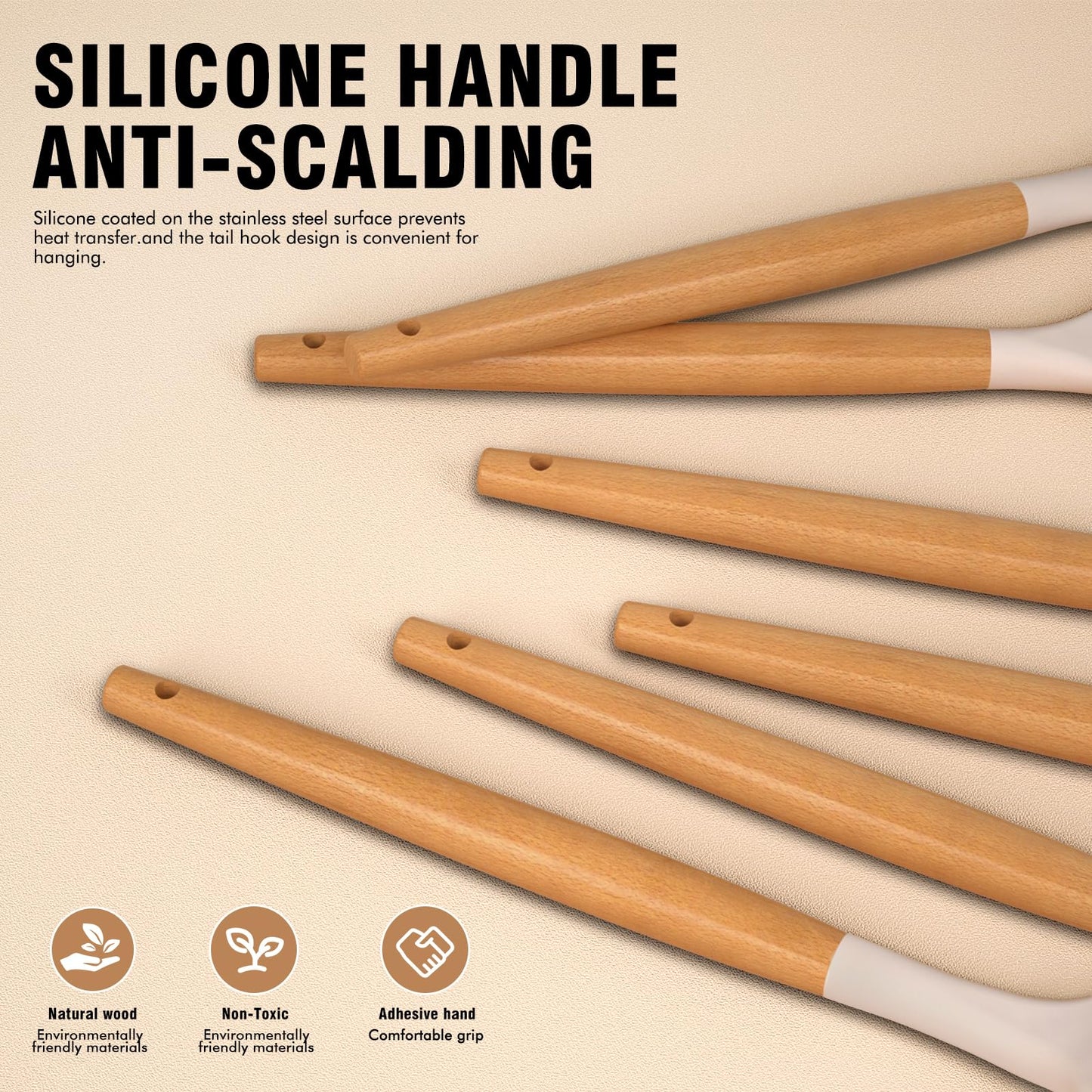 Silicone Cooking Utensils Set - AVGPD Silicone Kitchen Utensils for Cooking Wooden Handles, 446°F Heat Resistant Kitchen Utensil Spatula Sets w Holder, Gadgets for Non-Stick Cookware BPA FREE (Khaki)