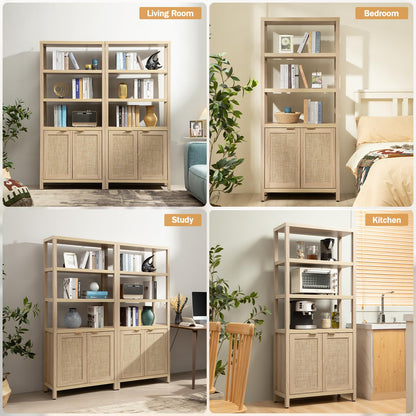 SICOTAS Bookshelf 5 Tier Book Shelf Rattan Boho 71" Tall Bookcase with Doors Storage Shelves Large Bookshelves Farmhouse Bookcases Library Book Case for Living Room Bedroom Home Office Kitchen