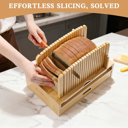 LOHASOK Bamboo Bread Slicer Guide: Bread Cutter for Homemade Bread Loaf - Adjustable and Foldable with Crumb Tray