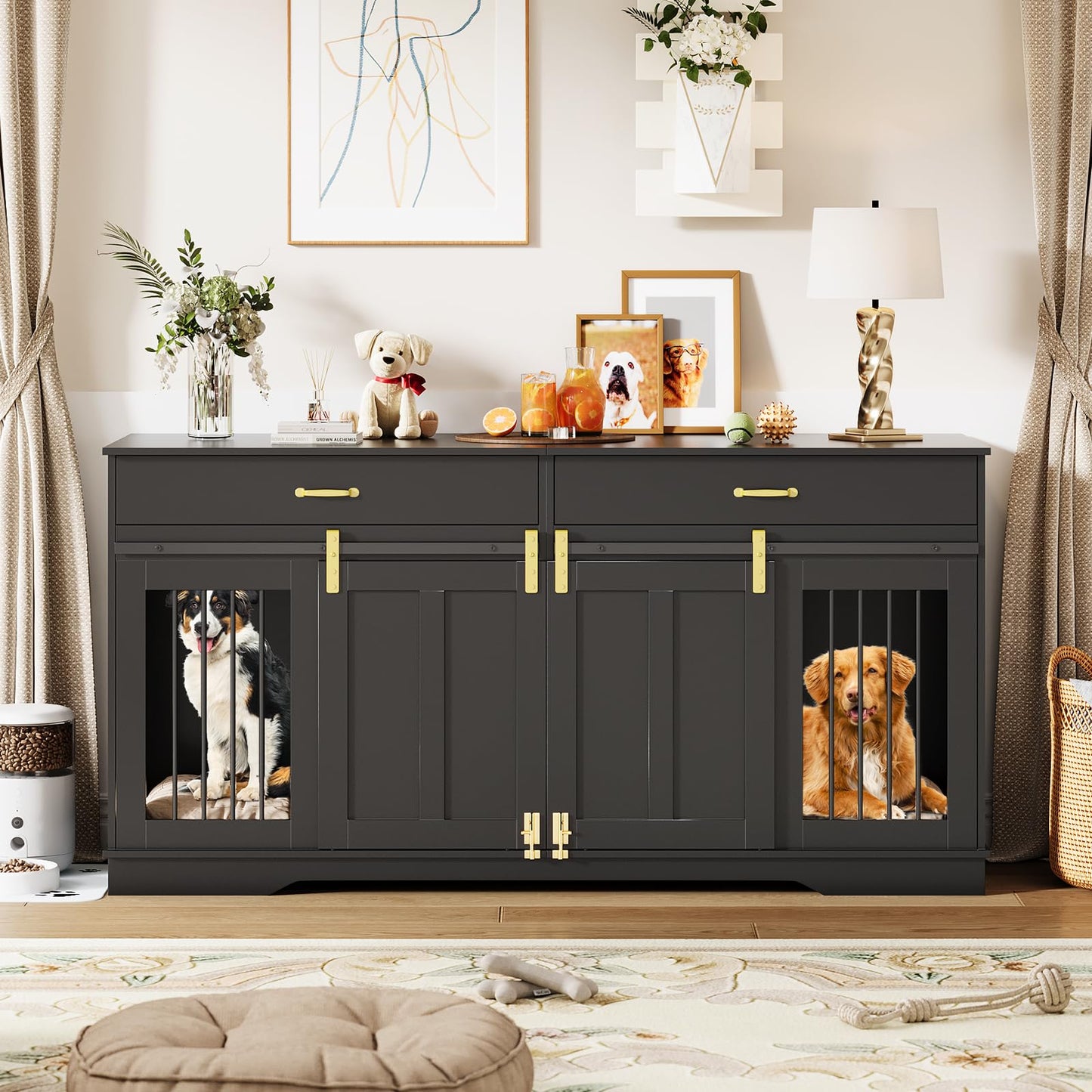 GarveeHome 71'' Double Wooden Dog Crate Furniture for 2 Dogs, with Removable Divider, Sliding Door & 2 Drawers, Decorative TV Stand for Living Room, Fits Small Medium Large Dogs