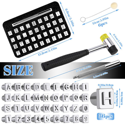 36 Pcs Leather Letter Stamping Kit, 6mm Leather Letter Stamps, Leather Stamping Tools, with 6 Wool Daubers Ball Brush Rubber Hammer for DIY Leather Crafts